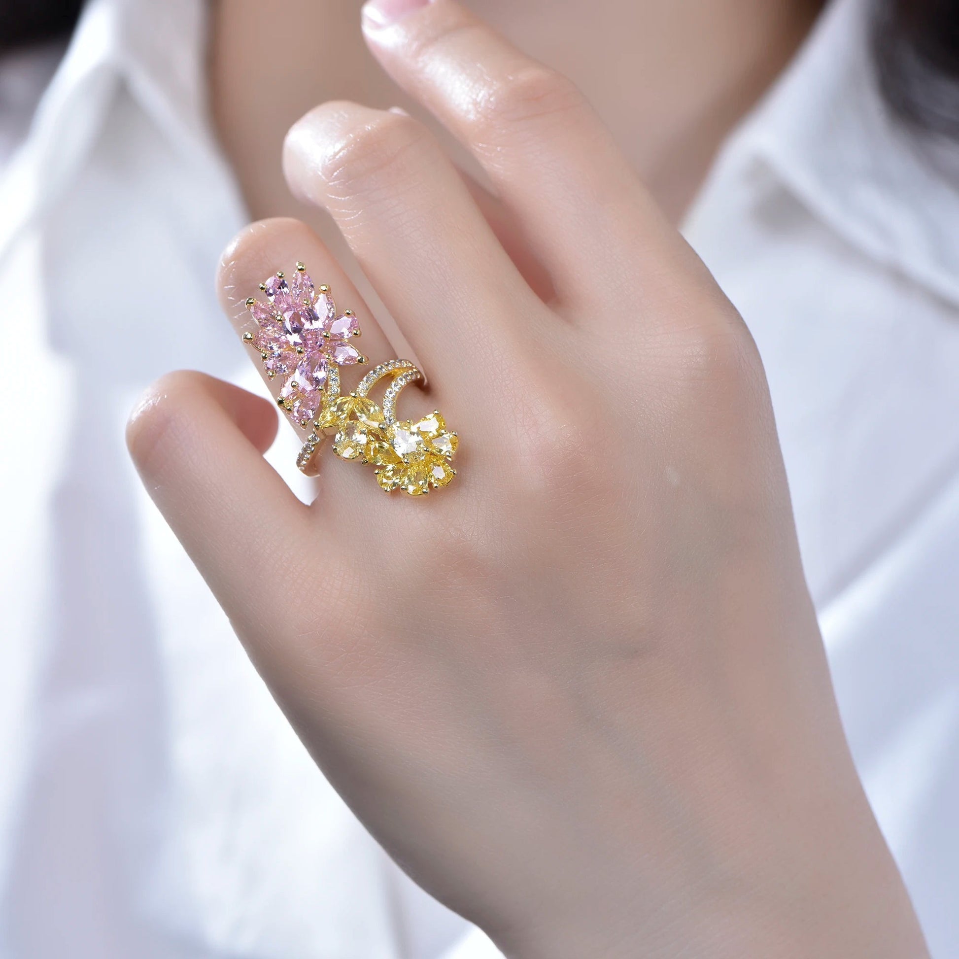 Luxury Fashion Flower Rings Flowers Gold Plated Shiny Zircon Crystal Jewelry Adjustable Ring Kirin Jewelry