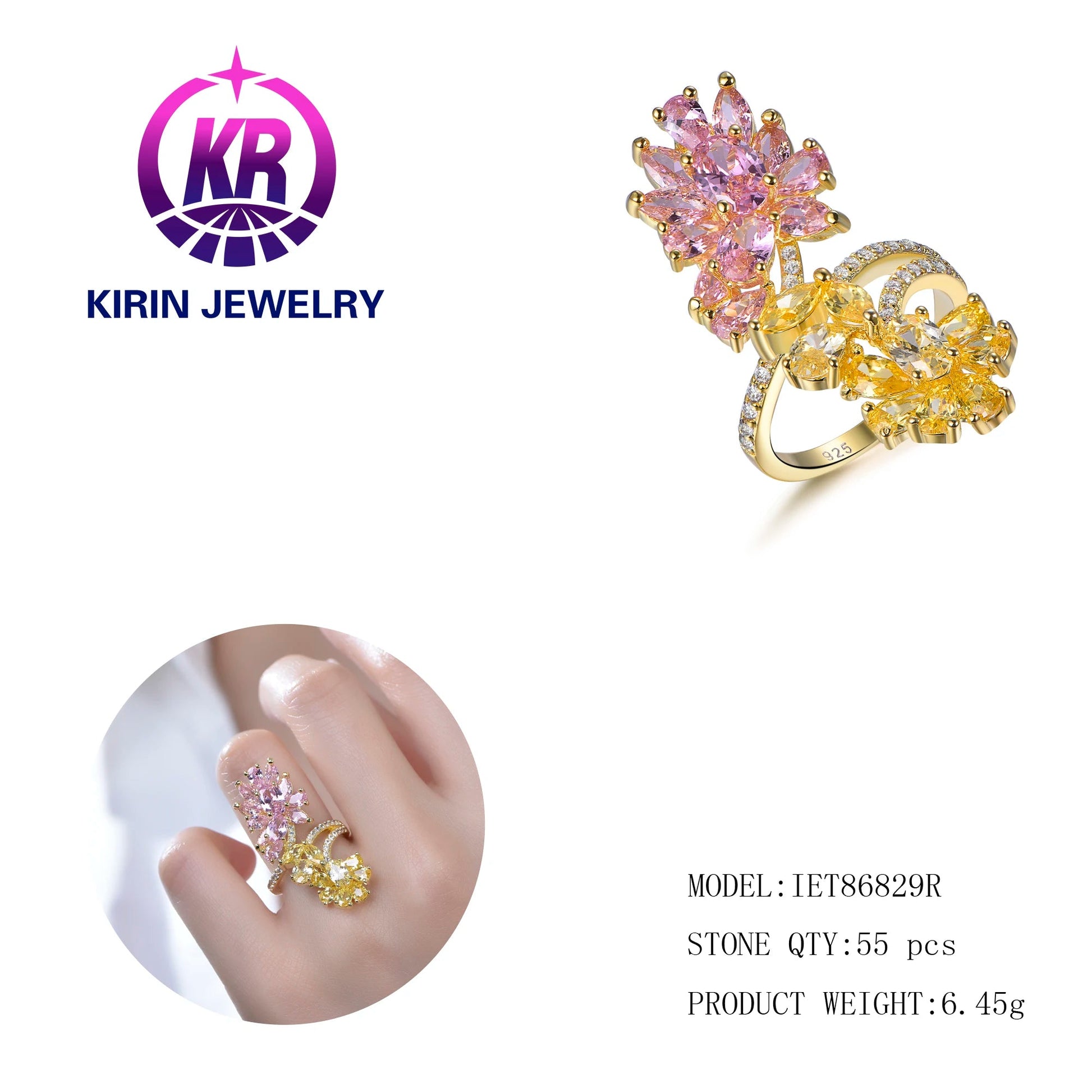 Luxury Fashion Flower Rings Flowers Gold Plated Shiny Zircon Crystal Jewelry Adjustable Ring Kirin Jewelry