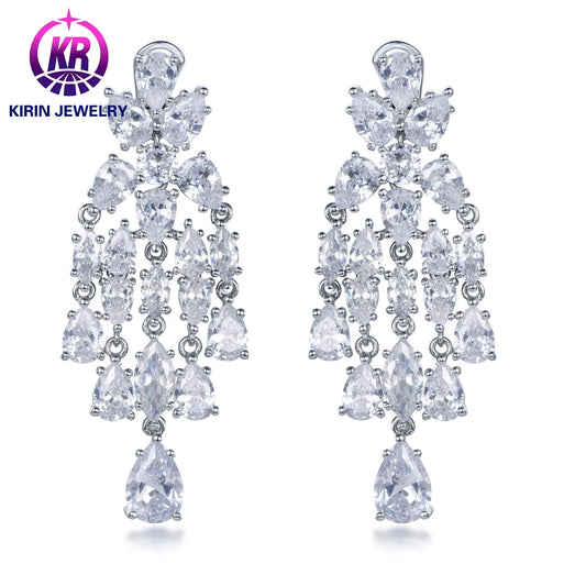 Luxury Wedding Bride Jewelry Platinum Zircon 925 Sterling Silver Tassel Full Diamond Earrings Kirin Jewelry