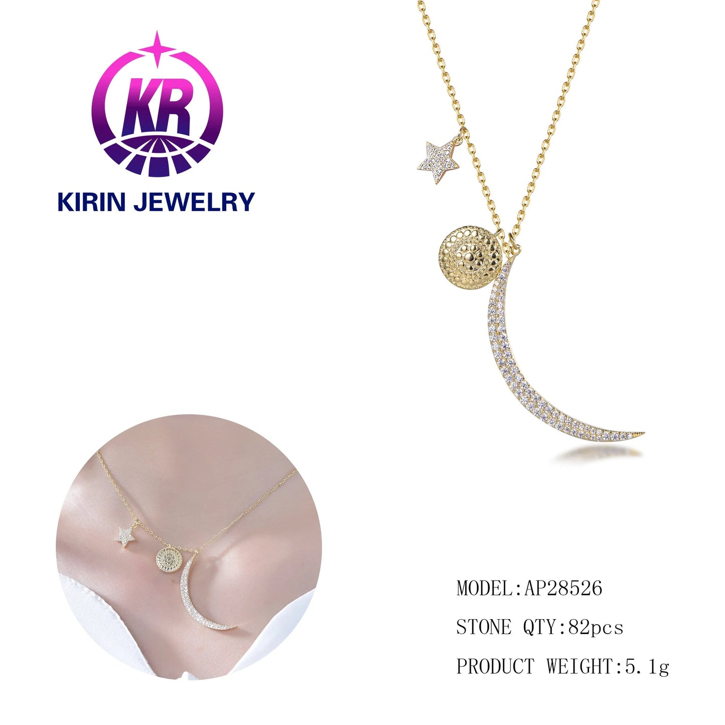 New Arrival 14K & 18K Gold Necklace Star Moon Pendant with 3A White Cubic Zirconia Customized Design Kirin Jewelry