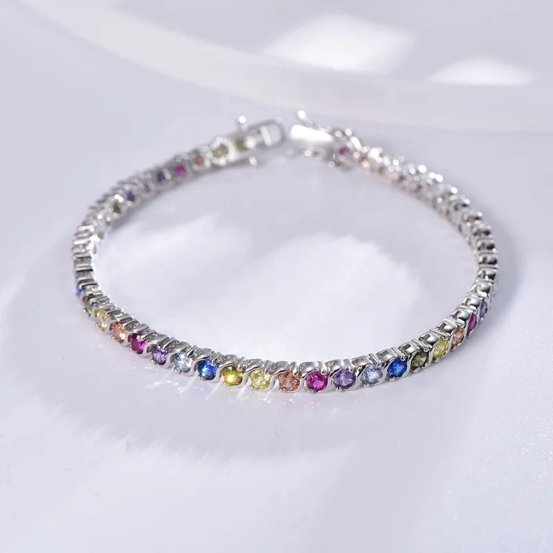 New Arrival Gold Plated Adjustable Full Diamond 925 Sterling Silver rainbow Tennis Bracelet Jewelry for Women 925 Sterling Silver Round Cut Cubic Zirconia Tennis Bracelet Moissanite Tennis Chain Bracelets for Women Kirin Jewelry