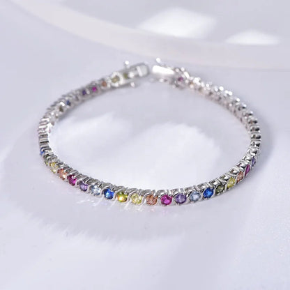 New Arrival Gold Plated Adjustable Full Diamond 925 Sterling Silver rainbow Tennis Bracelet Jewelry for Women 925 Sterling Silver Round Cut Cubic Zirconia Tennis Bracelet Moissanite Tennis Chain Bracelets for Women Kirin Jewelry