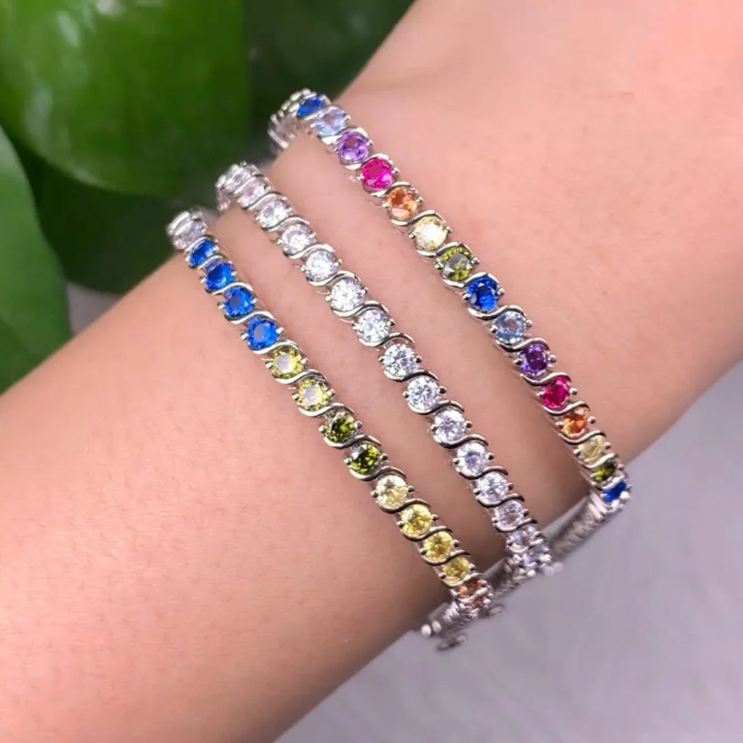 New Arrival Gold Plated Adjustable Full Diamond 925 Sterling Silver rainbow Tennis Bracelet Jewelry for Women 925 Sterling Silver Round Cut Cubic Zirconia Tennis Bracelet Moissanite Tennis Chain Bracelets for Women Kirin Jewelry