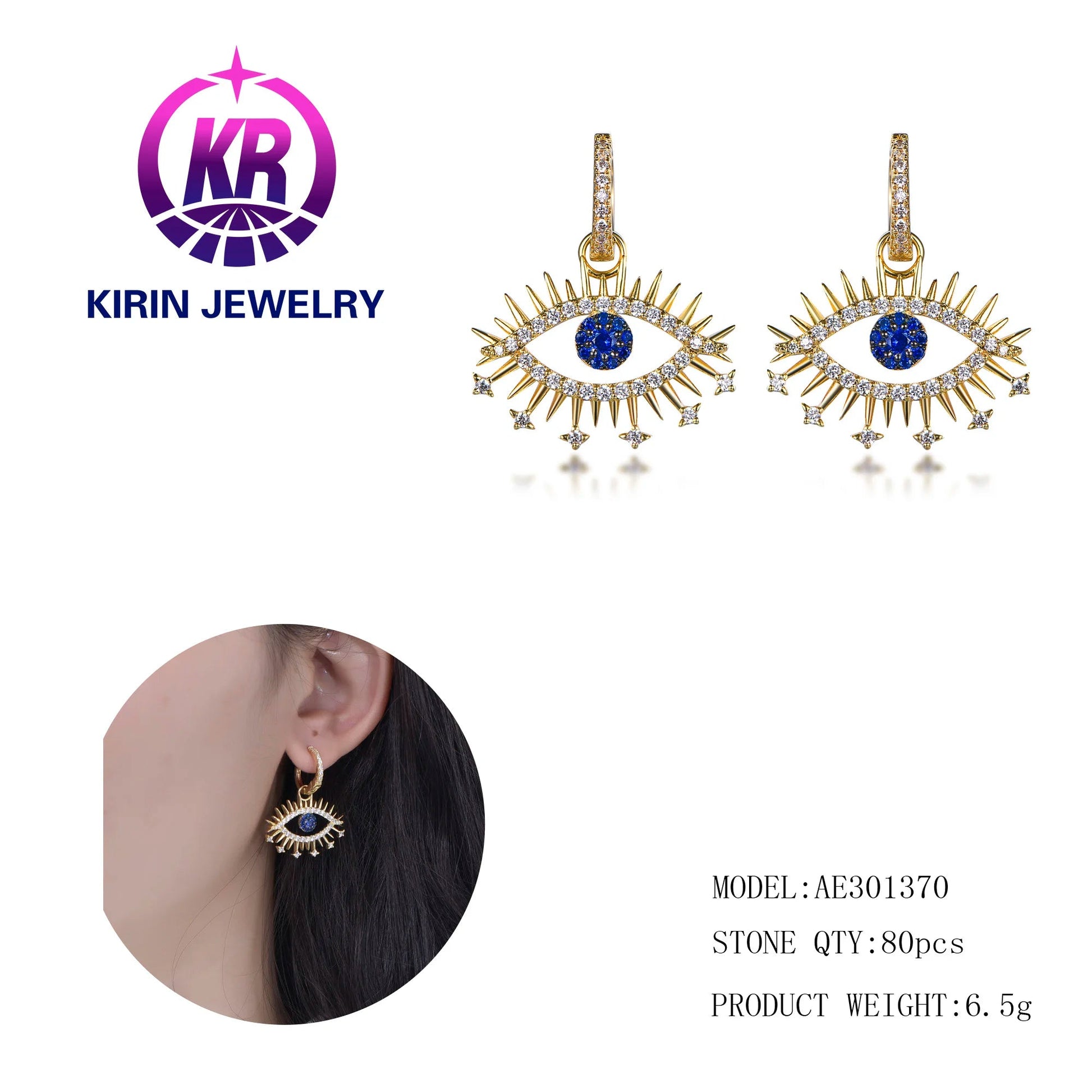 New Fashion Diamond Devil's Eye 14K Gold Plated Brass Women's Earrings Kirin Jewelry