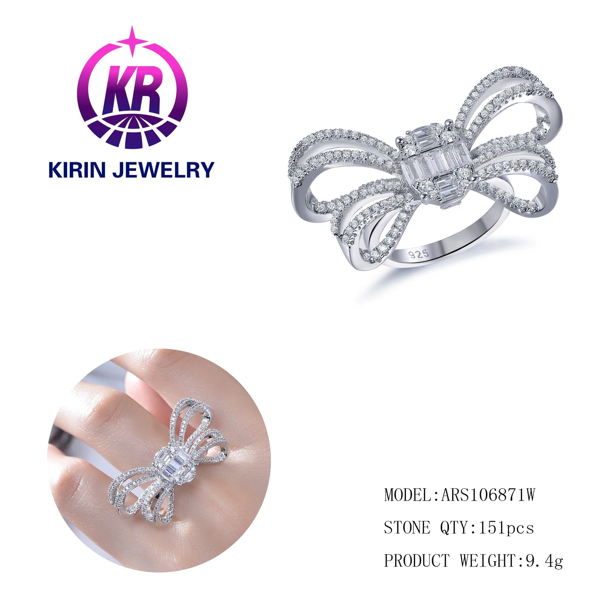 New Silver Color 925 Sterling Silver Bowknot Zircon Rings Bow Square Diamond Ring For Women Wedding Engagement Jewelry Kirin Jewelry