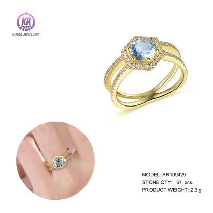 New fashion gold plated women double rings geometric stone gemstone crystal 925 sterling silver rings Kirin Jewelry