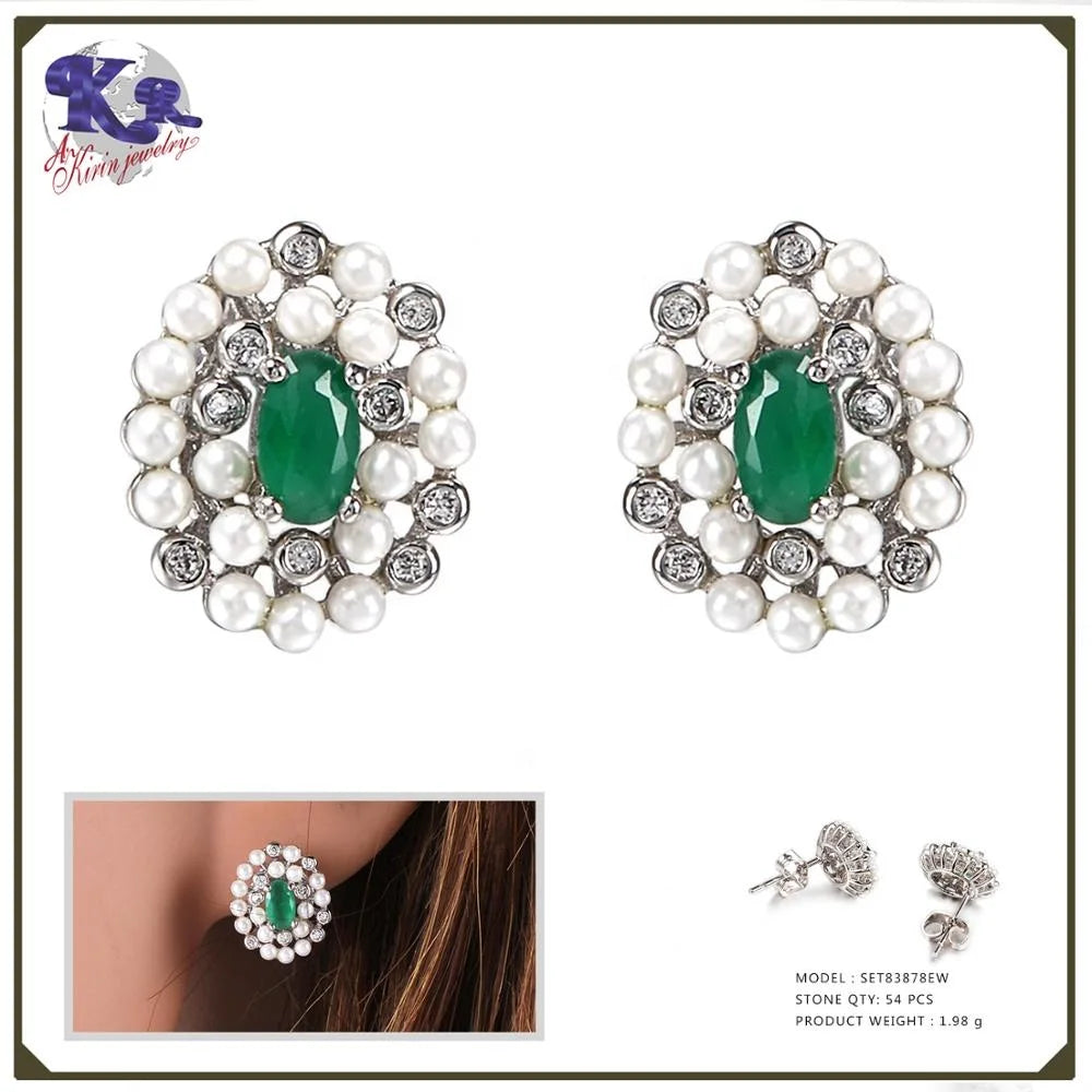 New item Malay jade green pearl jewelry set mix Zircon 925 sterling silver pendant 925 sterling silver earring ring jewelry set Kirin Jewelry