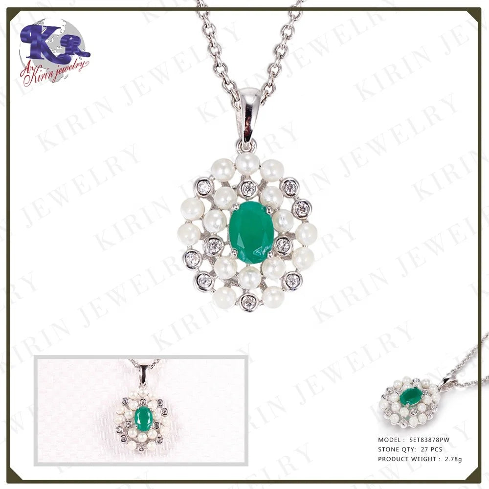 New item Malay jade green pearl jewelry set mix Zircon 925 sterling silver pendant 925 sterling silver earring ring jewelry set Kirin Jewelry