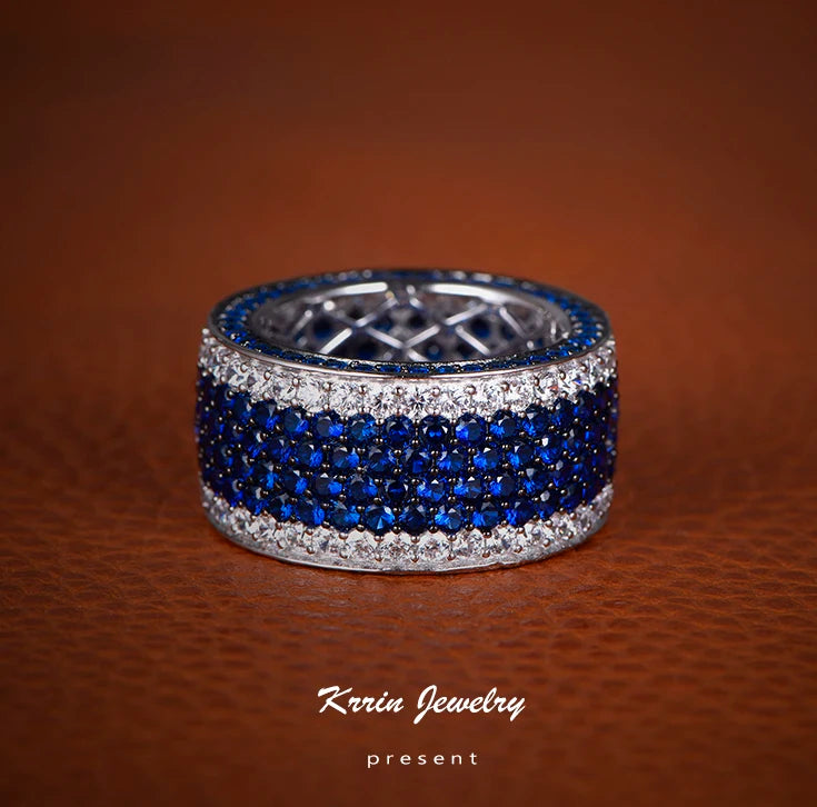 New luxury blue zircon precision custom unisex silver thick ring for men women Kirin Jewelry