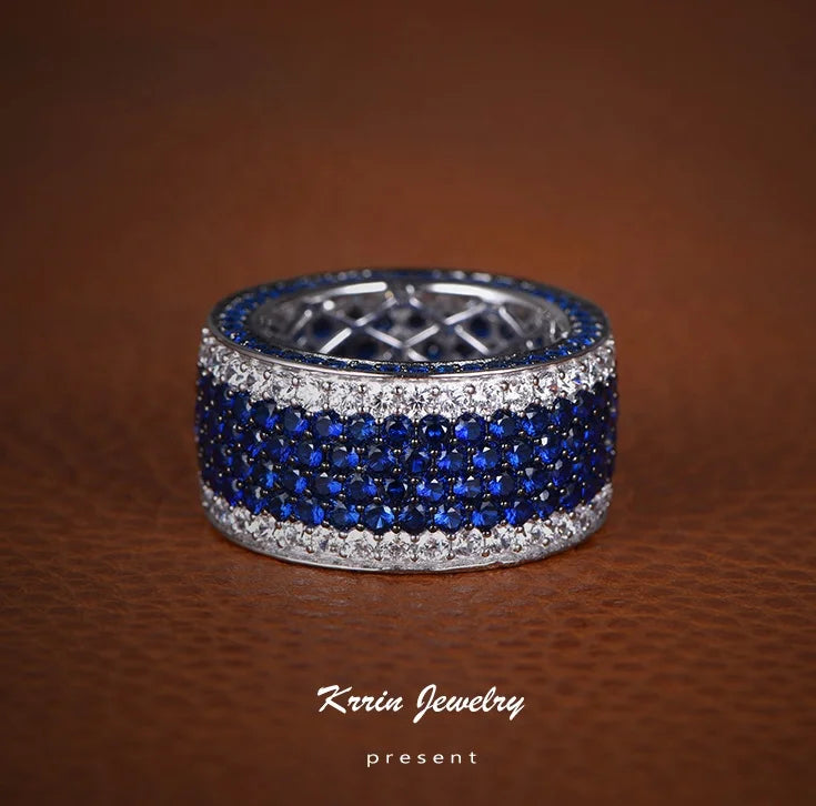 New luxury blue zircon precision custom unisex silver thick ring for men women Kirin Jewelry