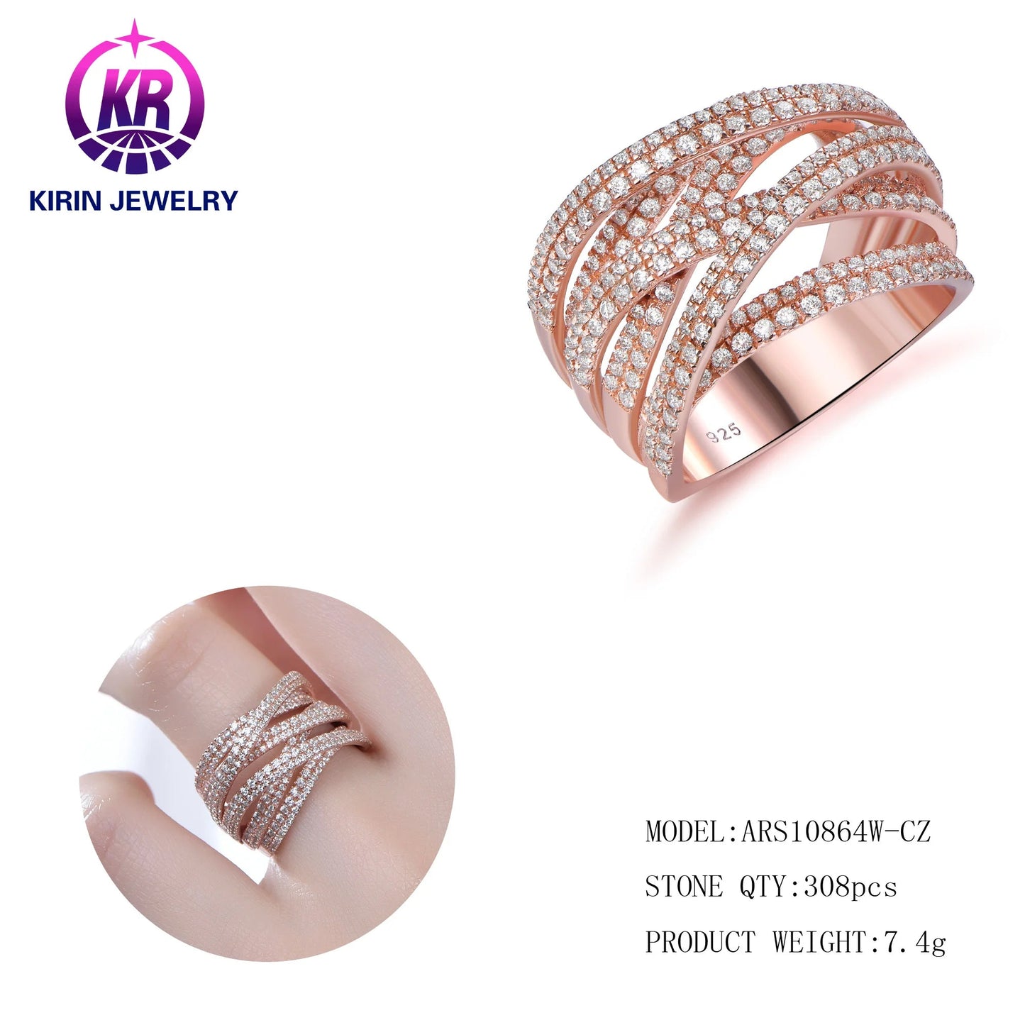 Non Tarnish 925 Sterling Silver Eternity Band Diamond Ring Engagement Wedding Rose Gold Plated Rings Jewelry Women Kirin Jewelry