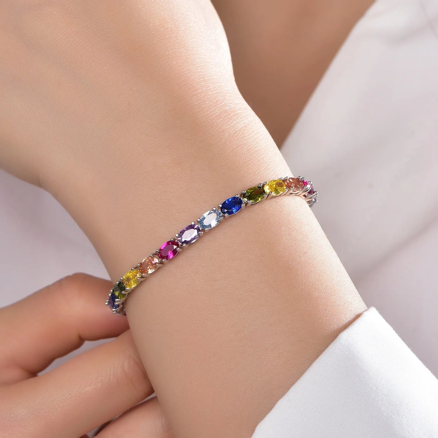 Oval Rainbow multi gems Tennis Bracelet for Women Men 925 Sterling Silver 5A CZ Crystal Diamond Bracelet Kirin Jewelry