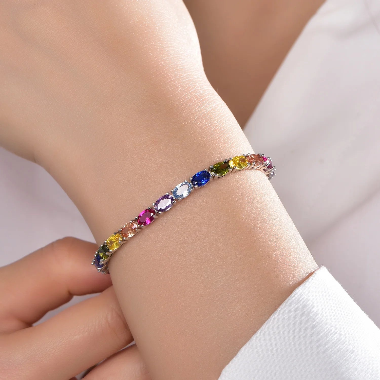 Oval Rainbow multi gems Tennis Bracelet for Women Men 925 Sterling Silver 5A CZ Crystal Diamond Bracelet Kirin Jewelry