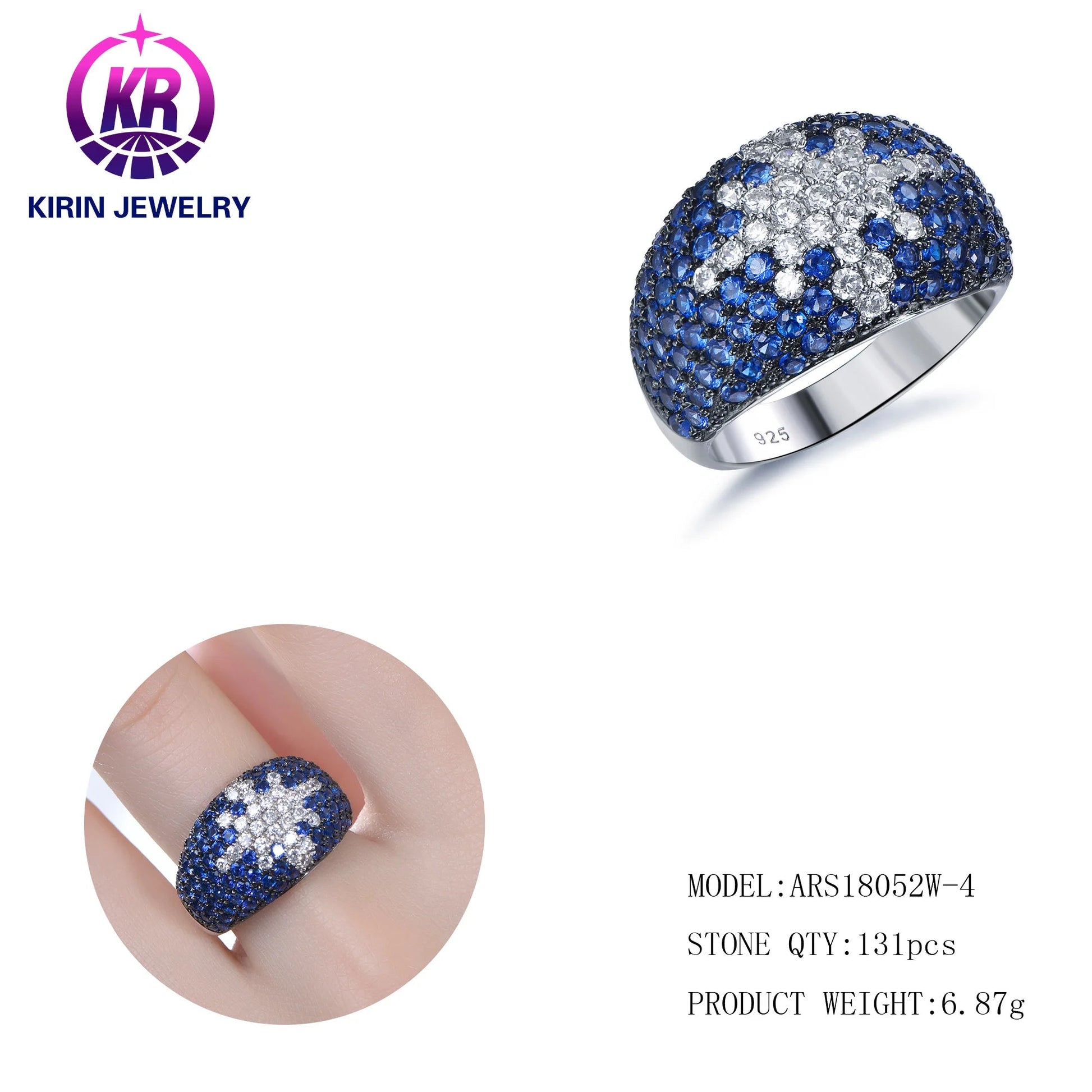 925 Sterling Silver Pave Blue Spinel & CZ Wide Band Engagement Rings for Women