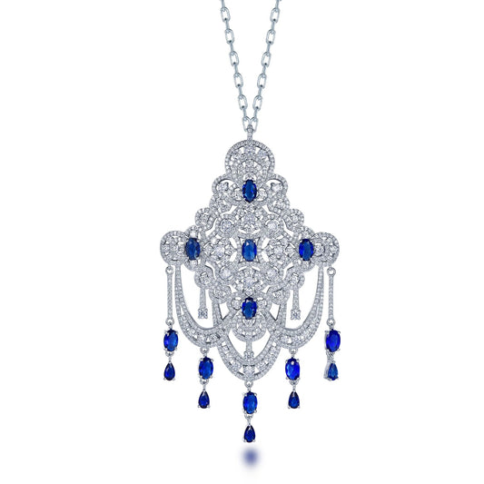 Pave cubic zirconia Dark Blue sapphire Chinese Knots Tassels Pendant 925 Sterling Silver Tassel Necklace Kirin Jewelry