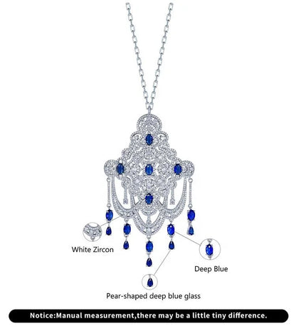 Pave cubic zirconia Dark Blue sapphire Chinese Knots Tassels Pendant 925 Sterling Silver Tassel Necklace Kirin Jewelry