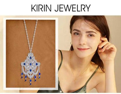 Pave cubic zirconia Dark Blue sapphire Chinese Knots Tassels Pendant 925 Sterling Silver Tassel Necklace Kirin Jewelry