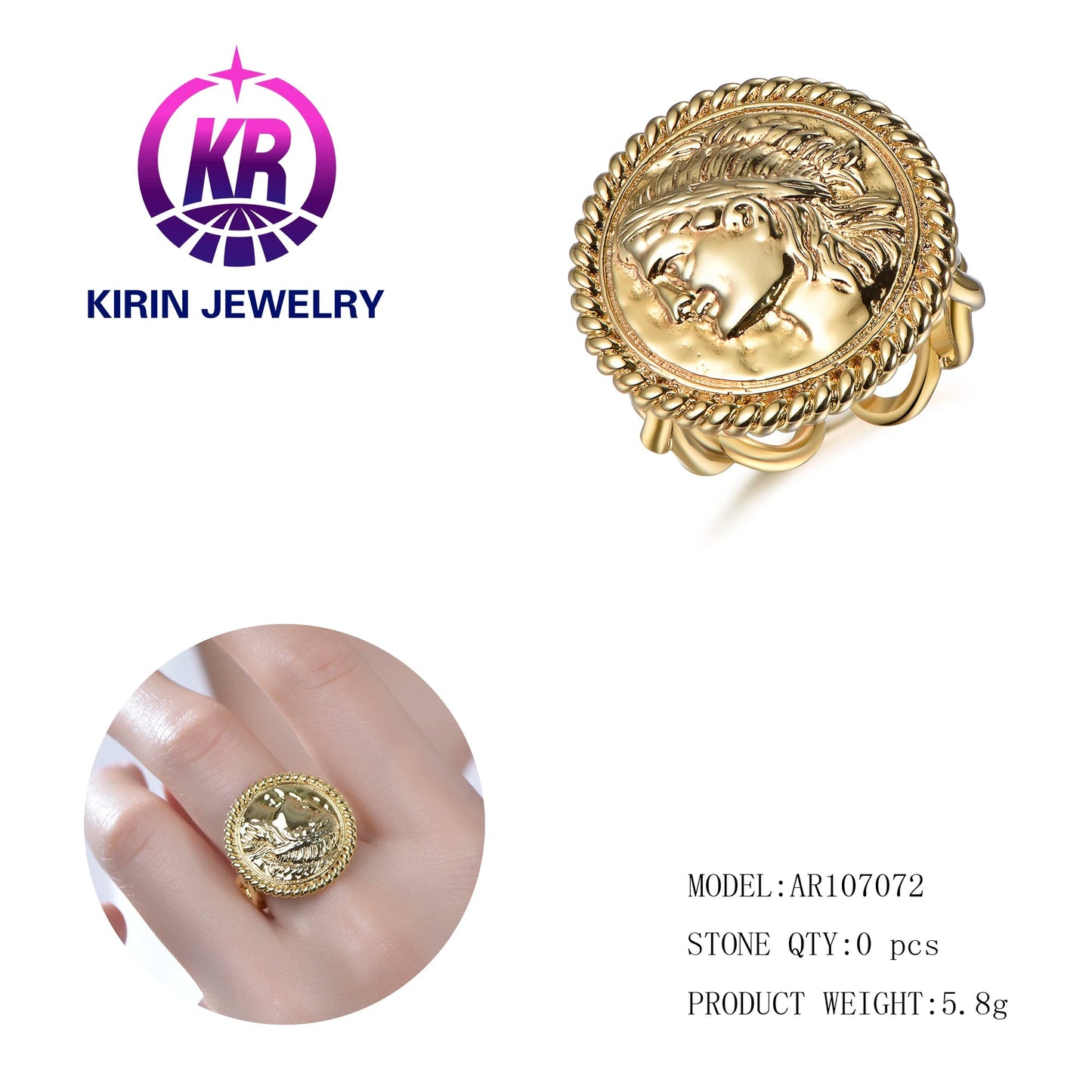 Personality Custom Round Plates Signet 14K & 18K gold Ring 925 Sterling Silver Men Engraved silver and gold Rings Kirin Jewelry