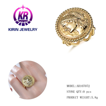 Personality Custom Round Plates Signet 14K & 18K gold Ring 925 Sterling Silver Men Engraved silver and gold Rings Kirin Jewelry