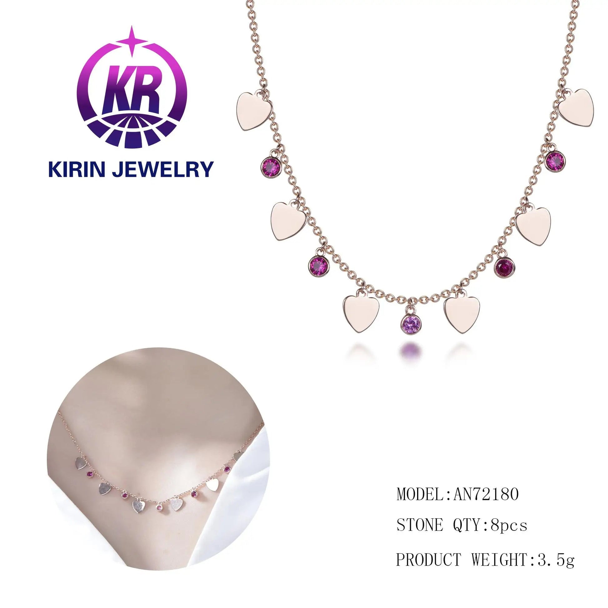 Popular charm design ruby necklace love heart rose gold plated necklace pendant set 925 sterling silver women jewelry Kirin Jewelry