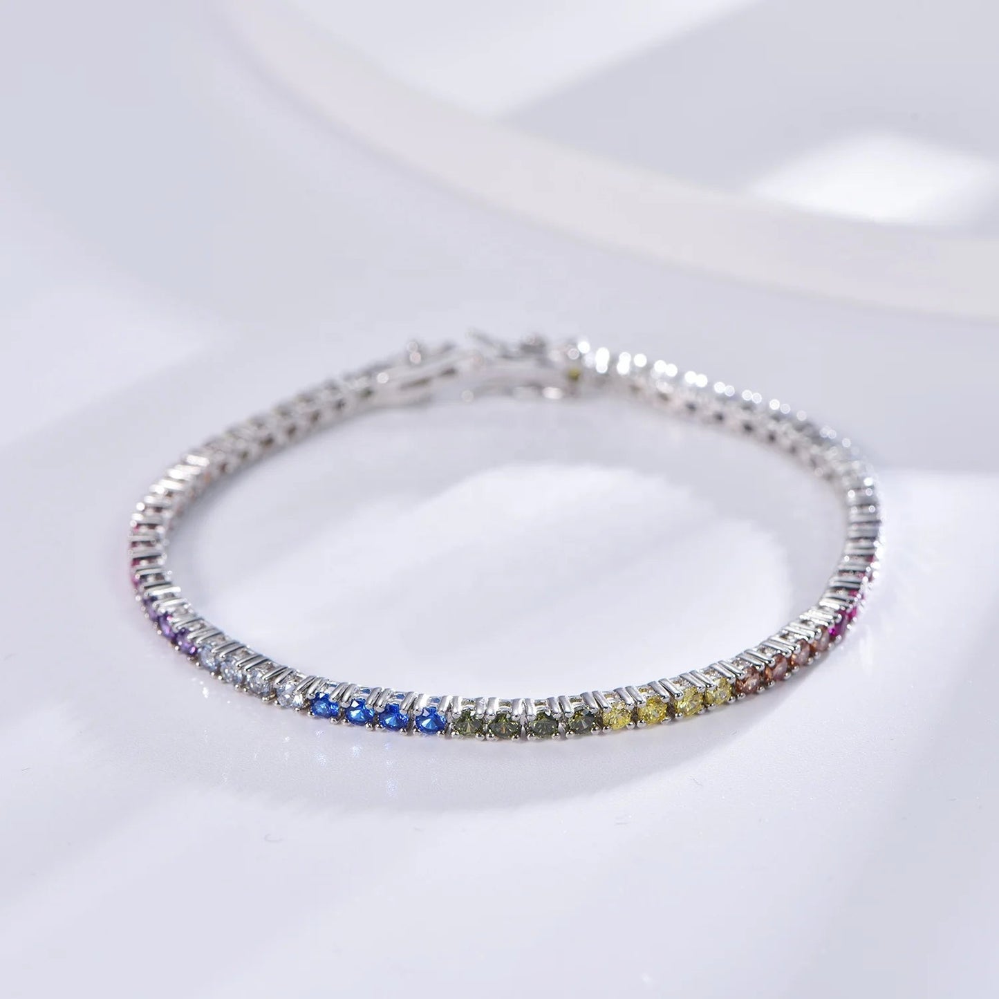 Fashion Dainty 4 Prong Hand Chain Cubic Zirconia Rainbow Tennis Bracelet for Colorful Bracelet