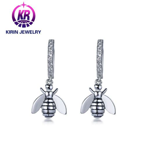 Silver Jewelry Manufacture Bee Insects 925 Sterling Silver 3A White Cubic Zirconia Hoop Earrings Kirin Jewelry