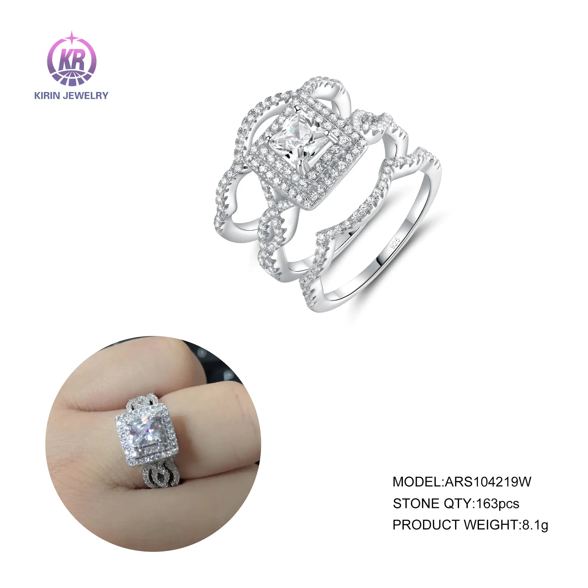 Silver Radiant White Gold Cubic Zirconia Three-in-One Split Shank Engagement Ring for Women