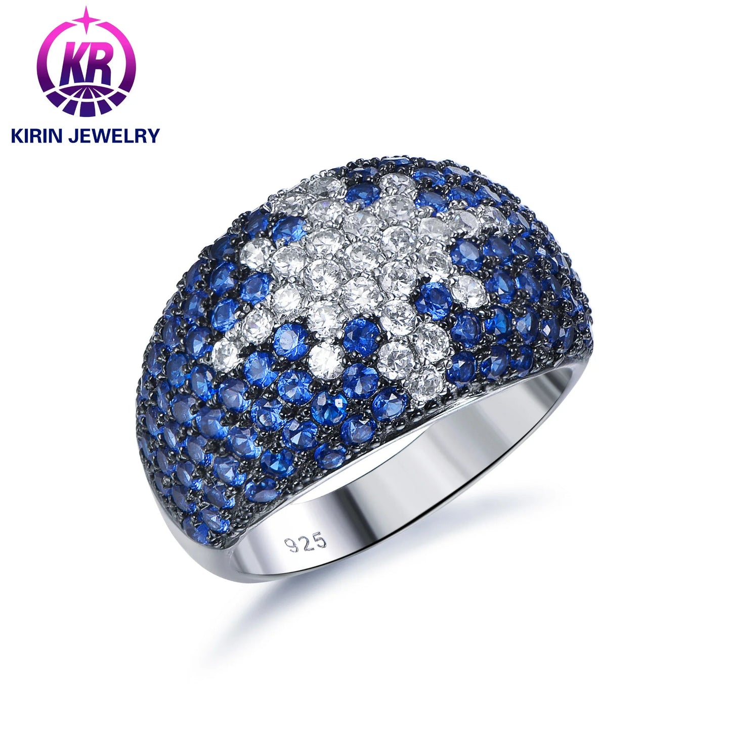 Silver Statement Pave Blue Spinel & CZ Wide Band Engagement Rings for Women