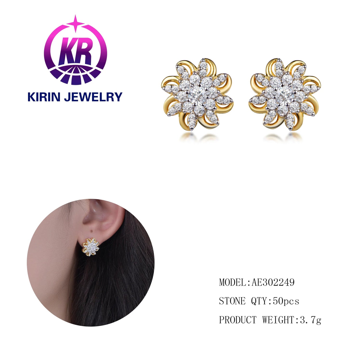 Spring Jewelry Luxury Women's Stud Earrings Wedding Statement Earrings Gold Flower Earrings For Gift Kirin Jewelry