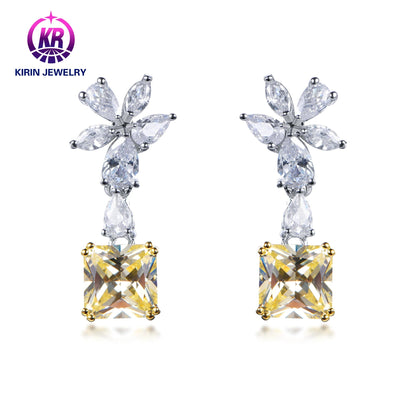 Square funny earrings cut 925 silver fine jewelry yellow CZ zirconia dangle earrings women hypoallergenic stone earrings Kirin Jewelry