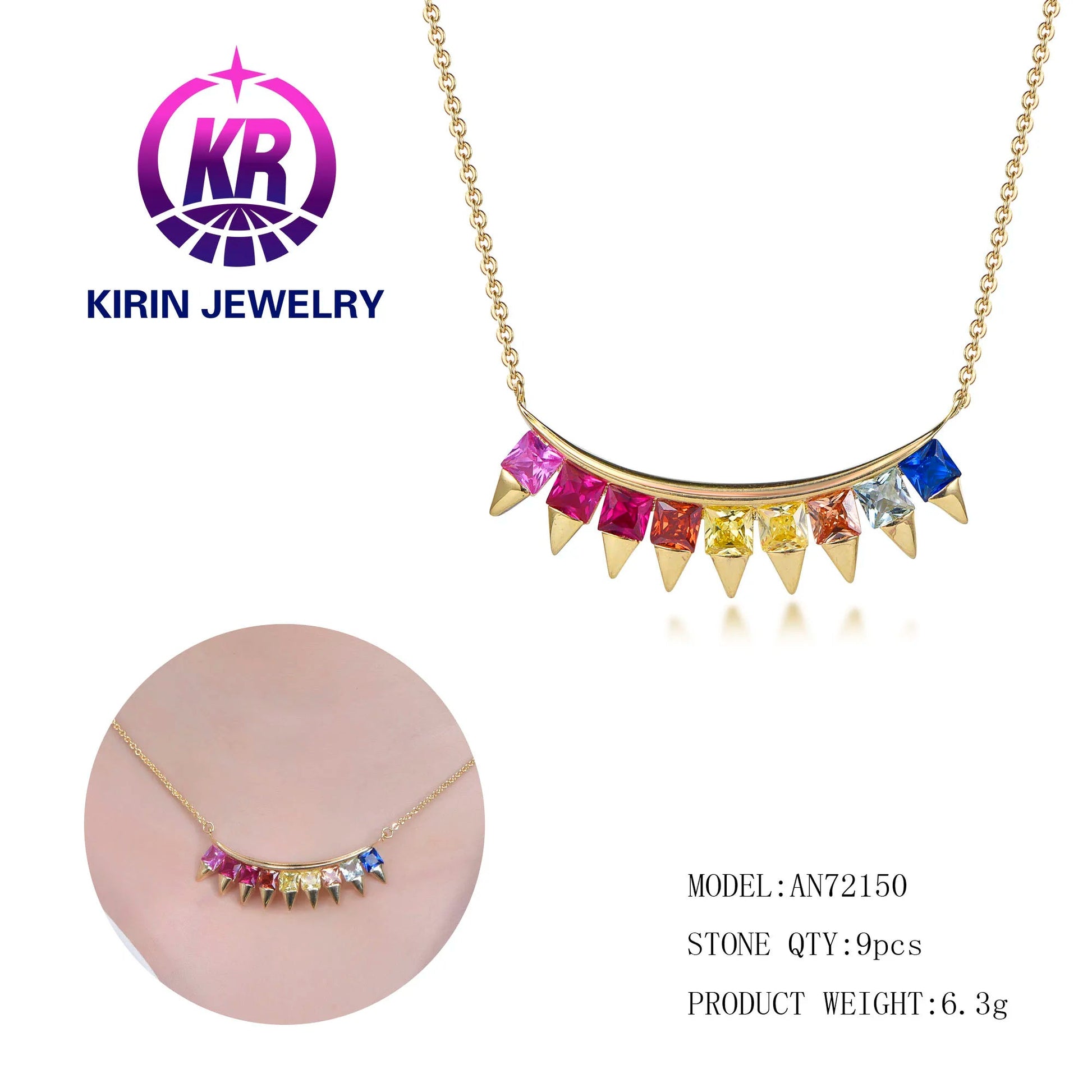 Summer Jewelry 925 Sterling Silver 14K & 18K Gold Plated Cubic Zirconia Necklace Rainbow Colorful CZ Necklace For Women Kirin Jewelry