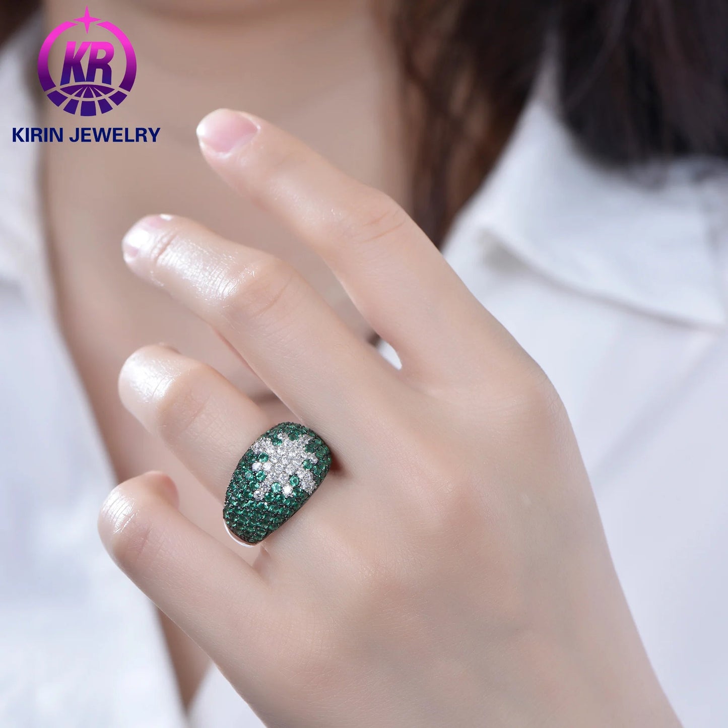 Supplier Jewelry Design 925 Sterling Silver quality Zircon Cubic Zirconia Green Ring Customized Wedding Engagement Ring Kirin Jewelry