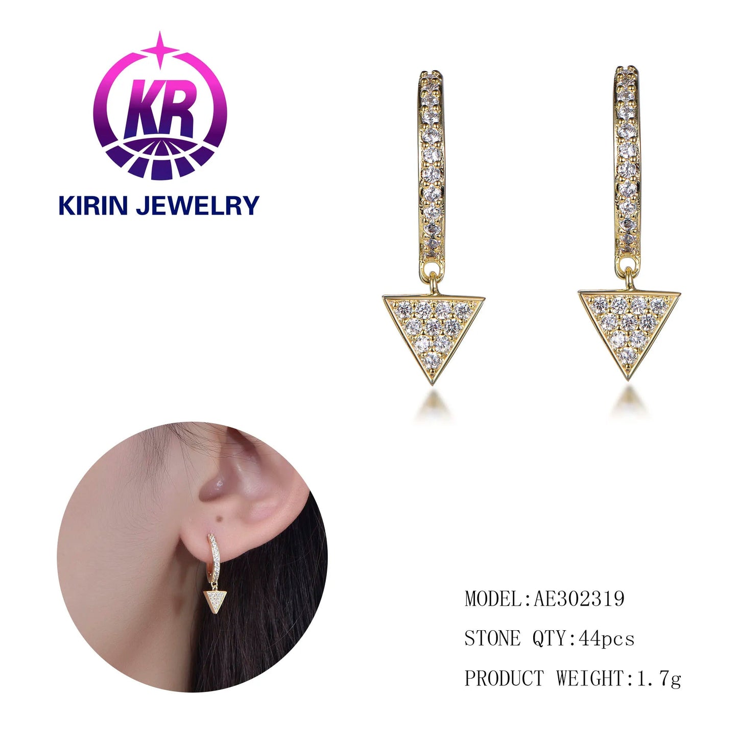 Trendy Fashion Jewelry Moissanite Gold plated Triangle Cut Stud Earrings Popular Custom Studs For Women Kirin Jewelry