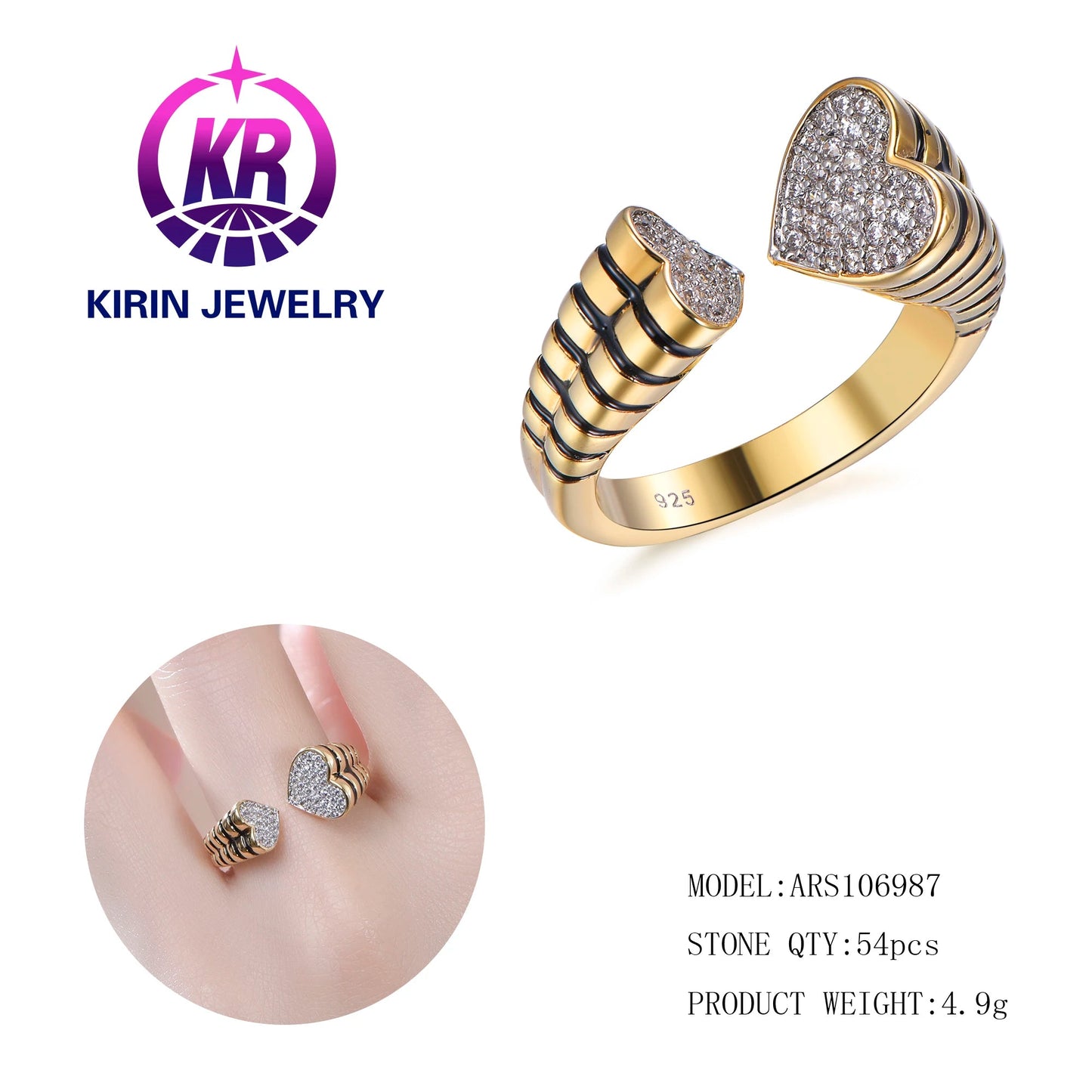 Trendy Gold Plated Heart Ring Inlay Rhinestones Chunky Alloy Statement Cuff Ring For Women Fashion Costume Accessories Kirin Jewelry