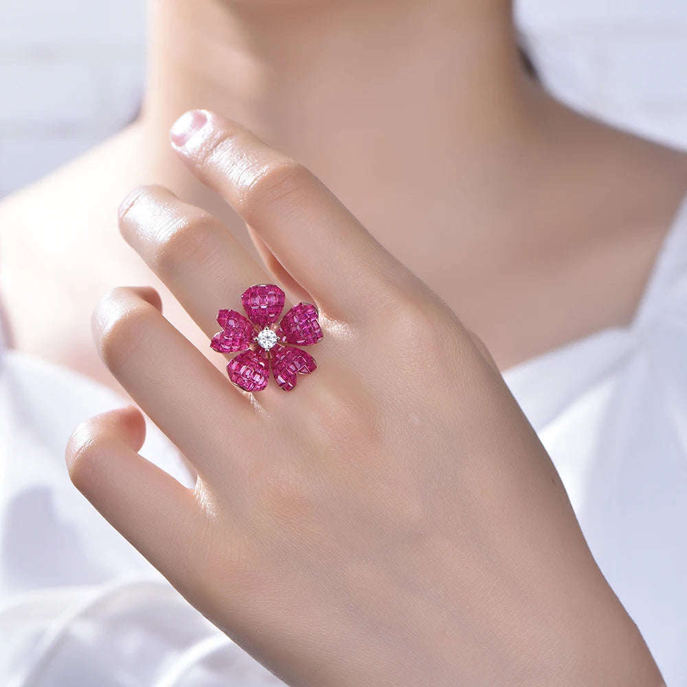 Unique Design Invisible Inlaid Ruby Diamond Crystal Flower Charm Sterling Silver Ring Kirin Jewelry