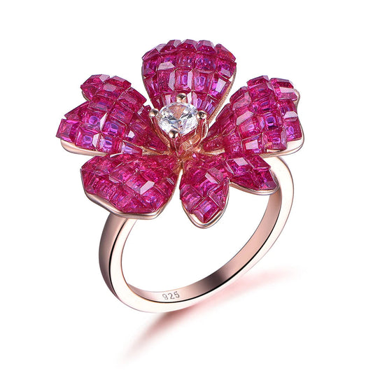 Unique Design Invisible Inlaid Ruby Diamond Crystal Flower Charm Sterling Silver Ring Kirin Jewelry