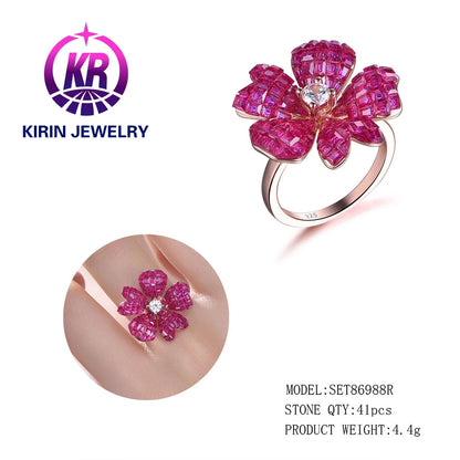 Unique Design Invisible Inlaid Ruby Diamond Crystal Flower Charm Sterling Silver Ring Kirin Jewelry