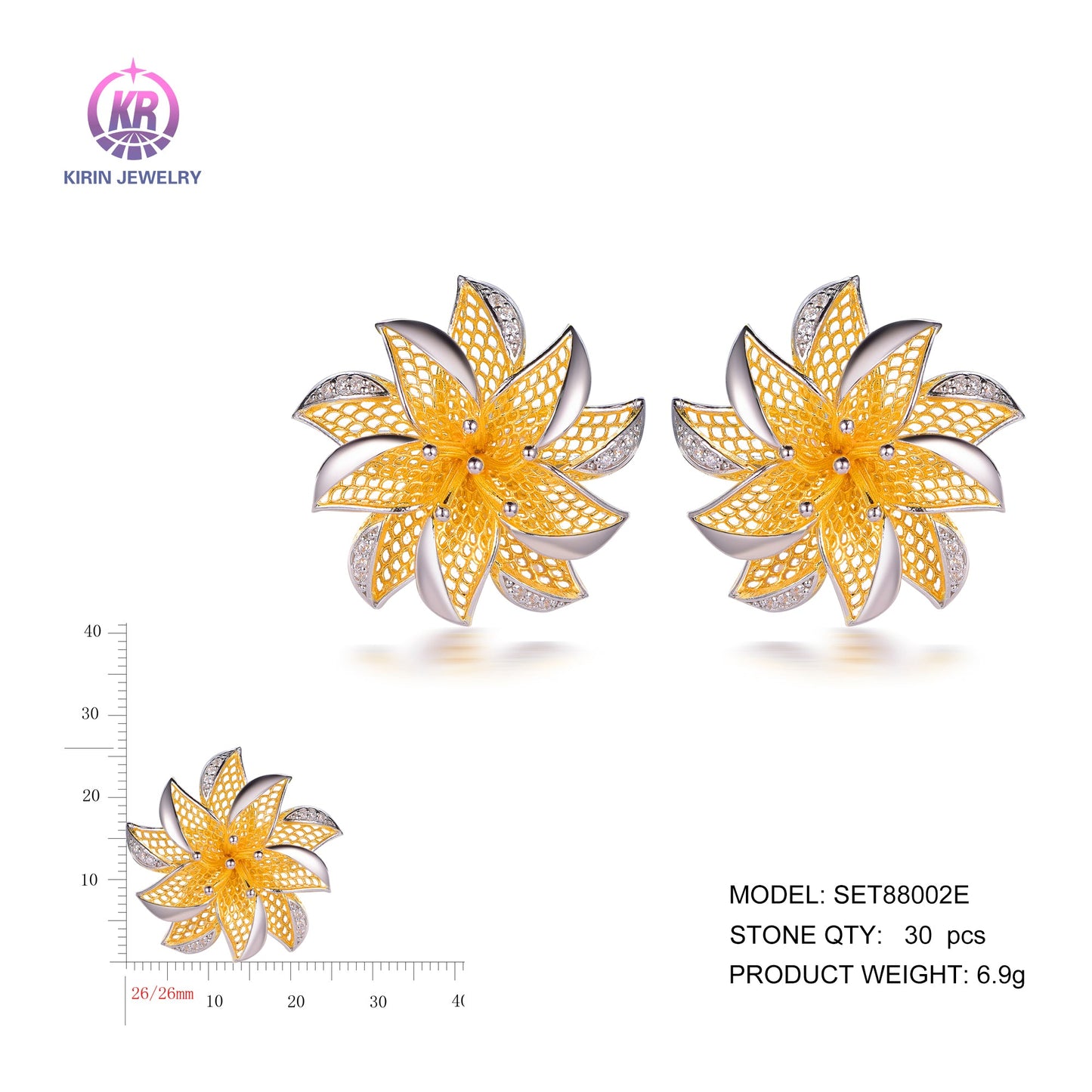 Wholesaele 925 silver earrings with 2-tone plating rhodium and 14K gold CZ SET88002E Kirin Jewelry