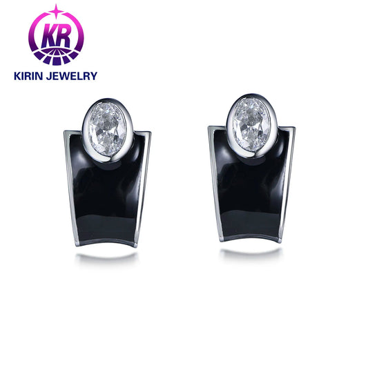 Wholesale Diamond Earring Factory 925 Sterling Silver Price Solid 3A White Cubic Zirconia Black enamel Earrings Men Women Kirin Jewelry