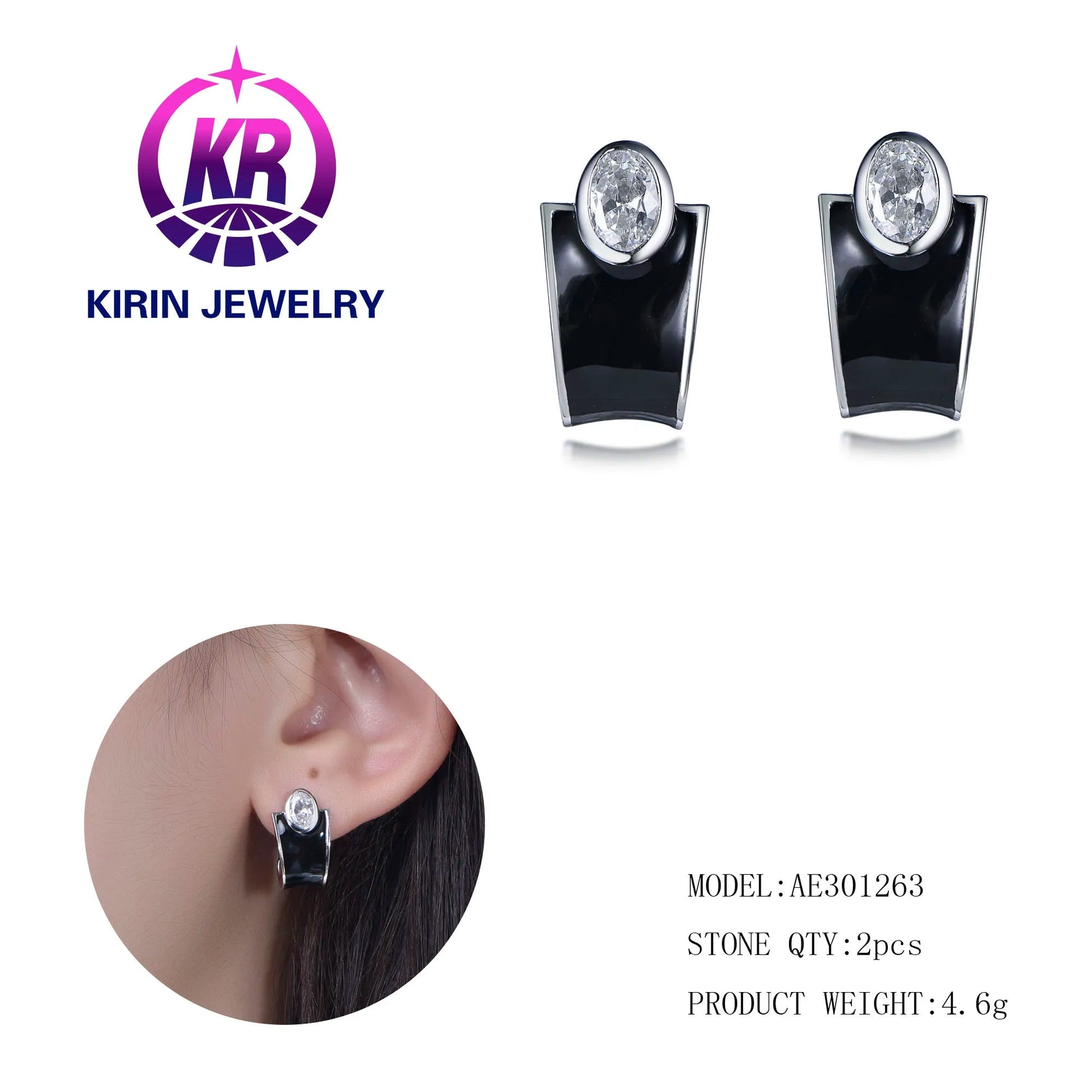 Wholesale Diamond Earring Factory 925 Sterling Silver Price Solid 3A White Cubic Zirconia Black enamel Earrings Men Women Kirin Jewelry