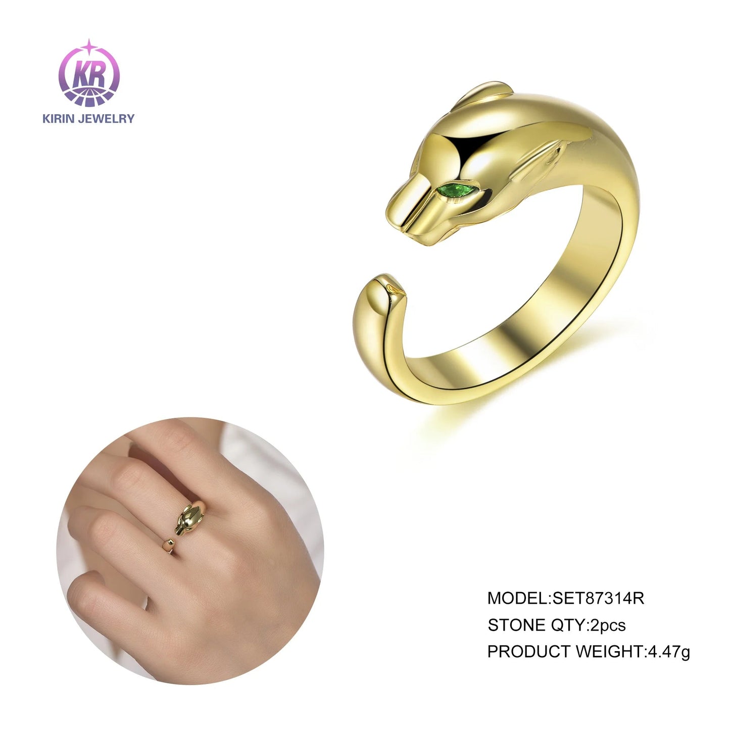 Wholesale Leopard-shaped 925 sterling silver CZ 14K/18K gold Plated ring adjustable ring for women and men Kirin Jewelry