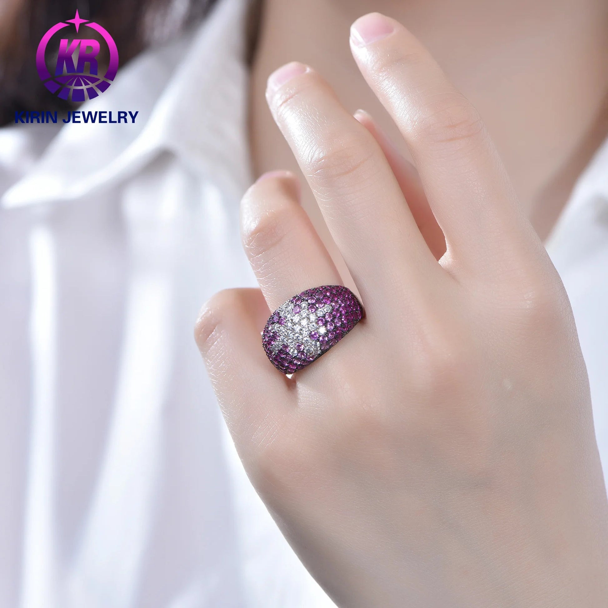 Wholesale factory price Ruby jewelry 925 Sterling Silver 3A Cubic Zirconia diamond cuban rings hip hop ring Kirin Jewelry