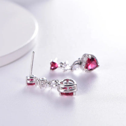 Women Fashion Silver Jewelry Heart Dangle Earrings CZ Zircon Ruby Diamond Earrings Handmade Drop Earrings Kirin Jewelry