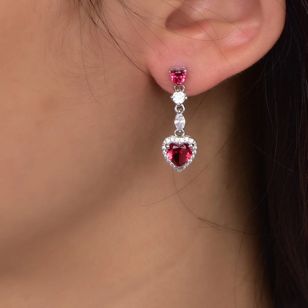 Women Fashion Silver Jewelry Heart Dangle Earrings CZ Zircon Ruby Diamond Earrings Handmade Drop Earrings Kirin Jewelry