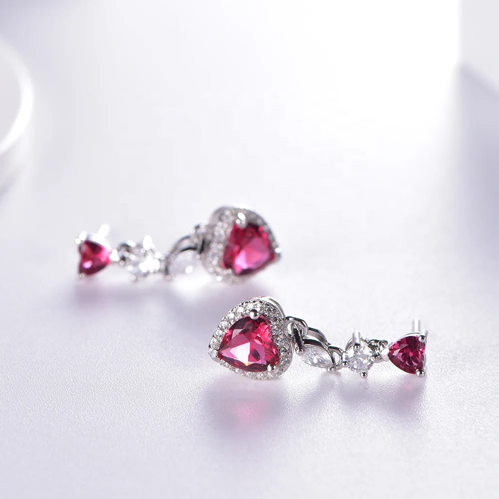 Women Fashion Silver Jewelry Heart Dangle Earrings CZ Zircon Ruby Diamond Earrings Handmade Drop Earrings Kirin Jewelry