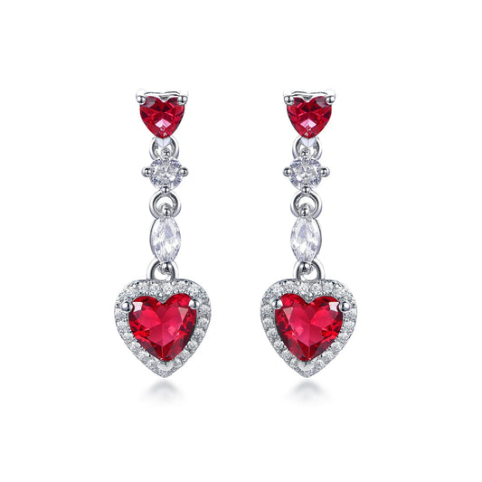 Women Fashion Silver Jewelry Heart Dangle Earrings CZ Zircon Ruby Diamond Earrings Handmade Drop Earrings Kirin Jewelry