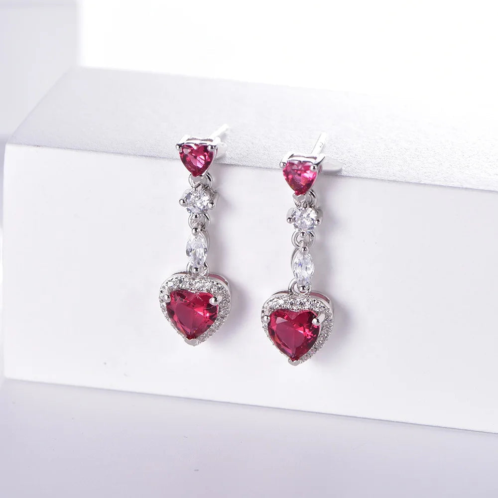 Women Fashion Silver Jewelry Heart Dangle Earrings CZ Zircon Ruby Diamond Earrings Handmade Drop Earrings Kirin Jewelry