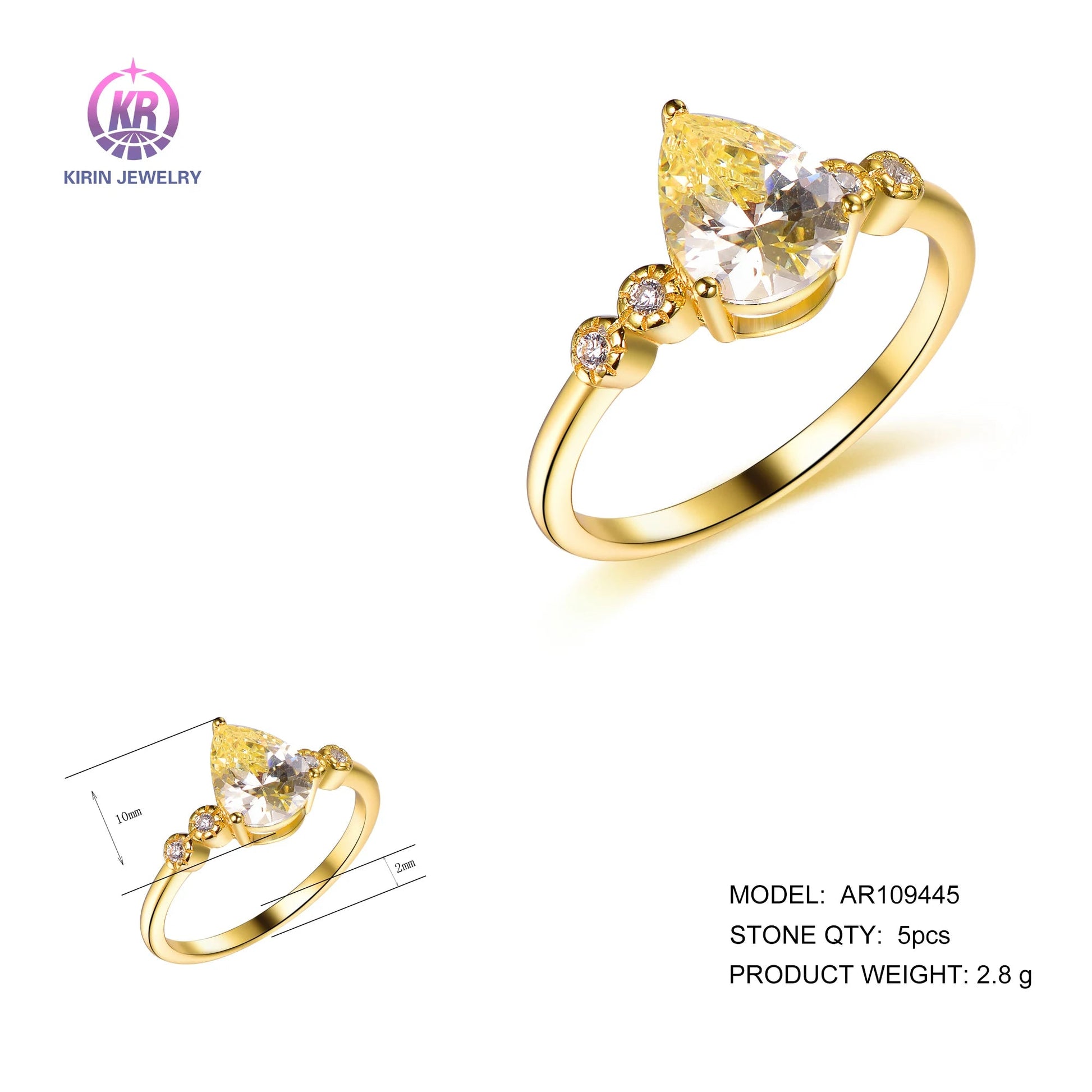 Women Wedding Jewelry Rhodium Emerald Shape Yellow Crushed Ice Cut CZ Diamond Stone Engagement Ring Wedding Engagement Rings Kirin Jewelry