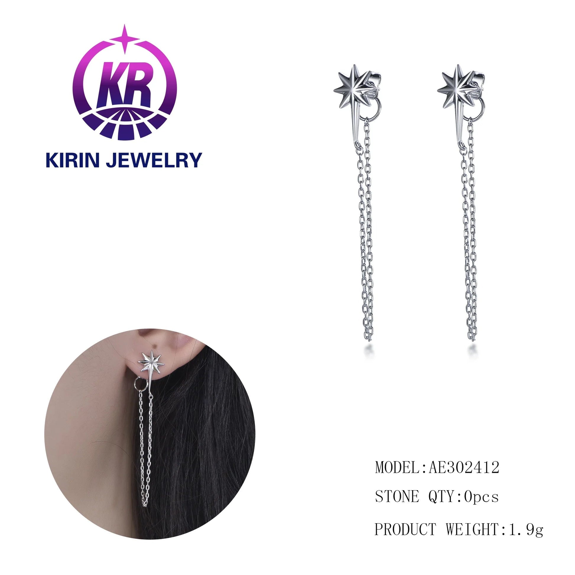 Women mens double piercing ear ring clip on chain earrings star cuff with long chain earrings dangle drop link chain earrings Kirin Jewelry