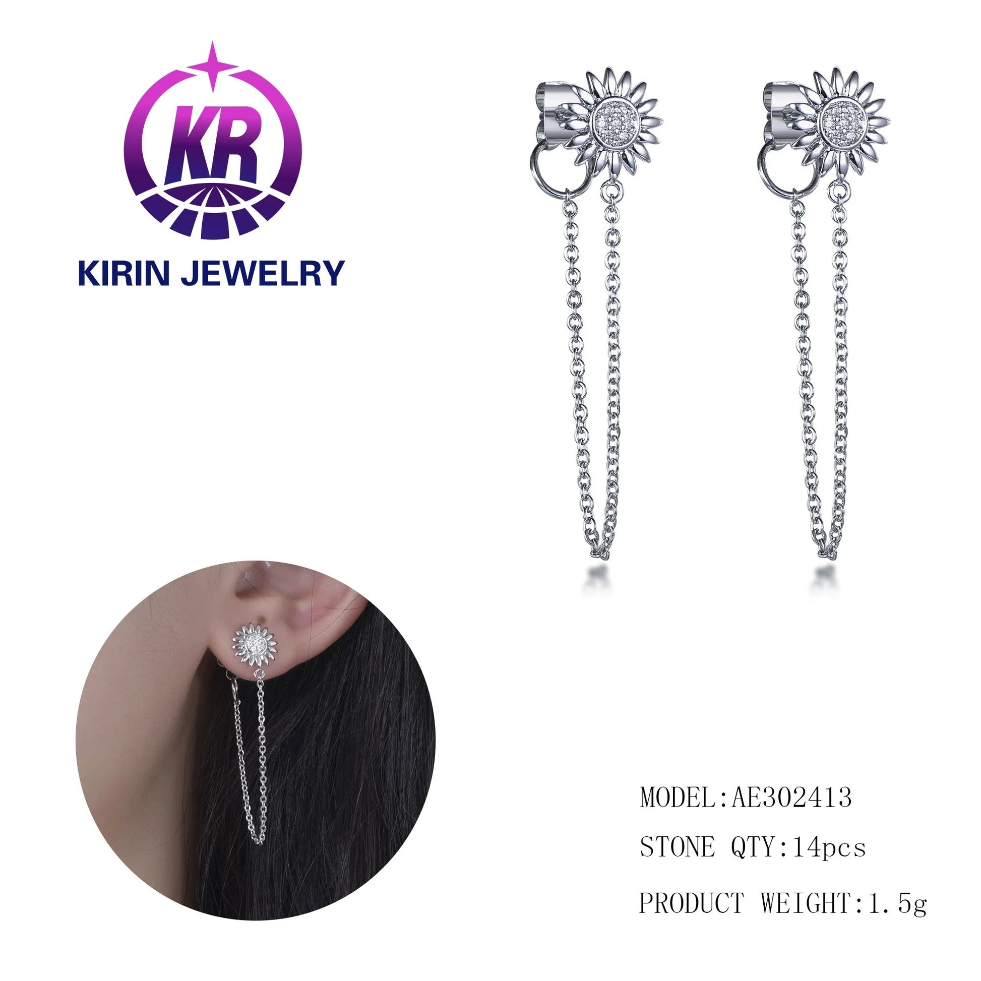 Women mens double piercing ear ring clip on chain earrings star cuff with long chain earrings dangle drop link chain earrings Kirin Jewelry
